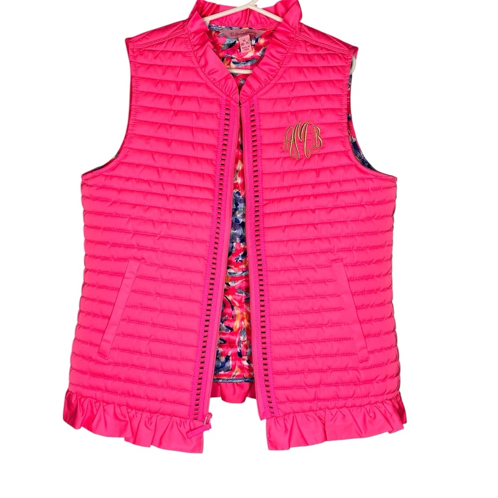 Lilly Pulitzer Girls Pink Quilted Puffer Vest XL Monogram Ruffle Hem